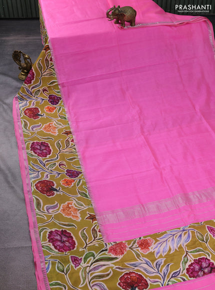 Mangalgiri silk cotton saree light pink and mehendi green with plain body and long kalamkari printed applique border