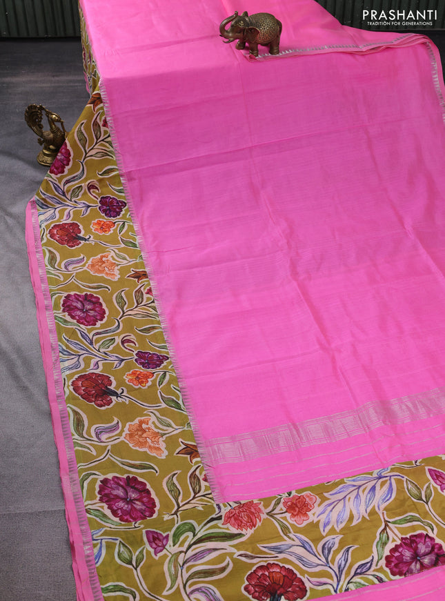 Mangalgiri silk cotton saree light pink and mehendi green with plain body and long kalamkari printed applique border