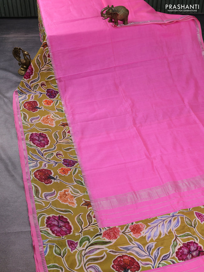 Mangalgiri silk cotton saree light pink and mehendi green with plain body and long kalamkari printed applique border