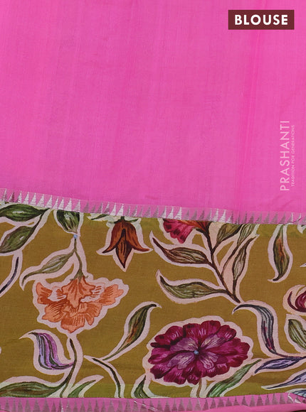 Mangalgiri silk cotton saree light pink and mehendi green with plain body and long kalamkari printed applique border