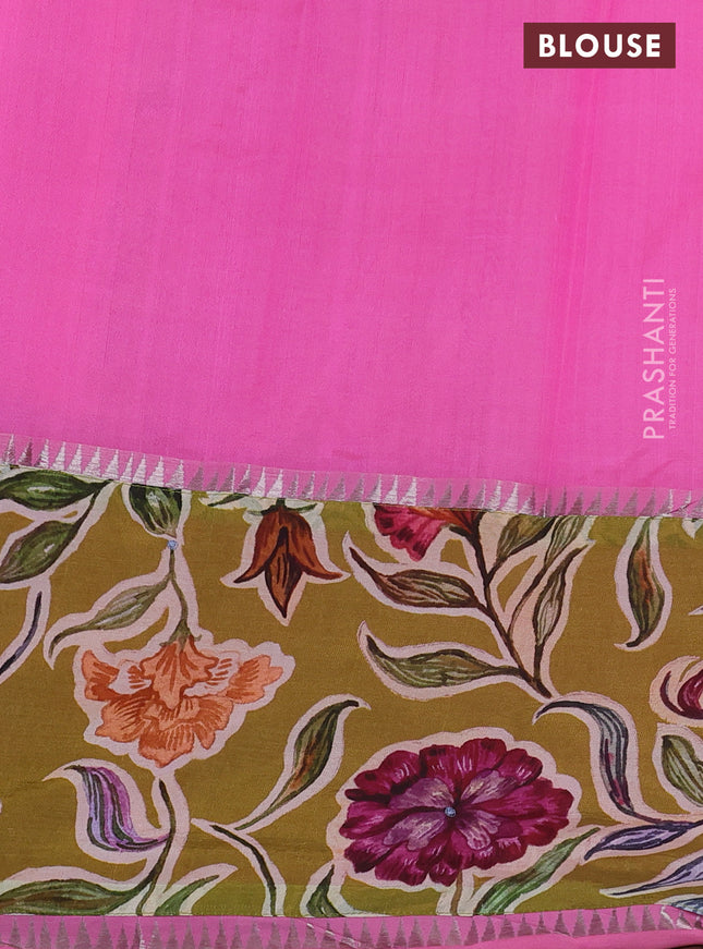 Mangalgiri silk cotton saree light pink and mehendi green with plain body and long kalamkari printed applique border