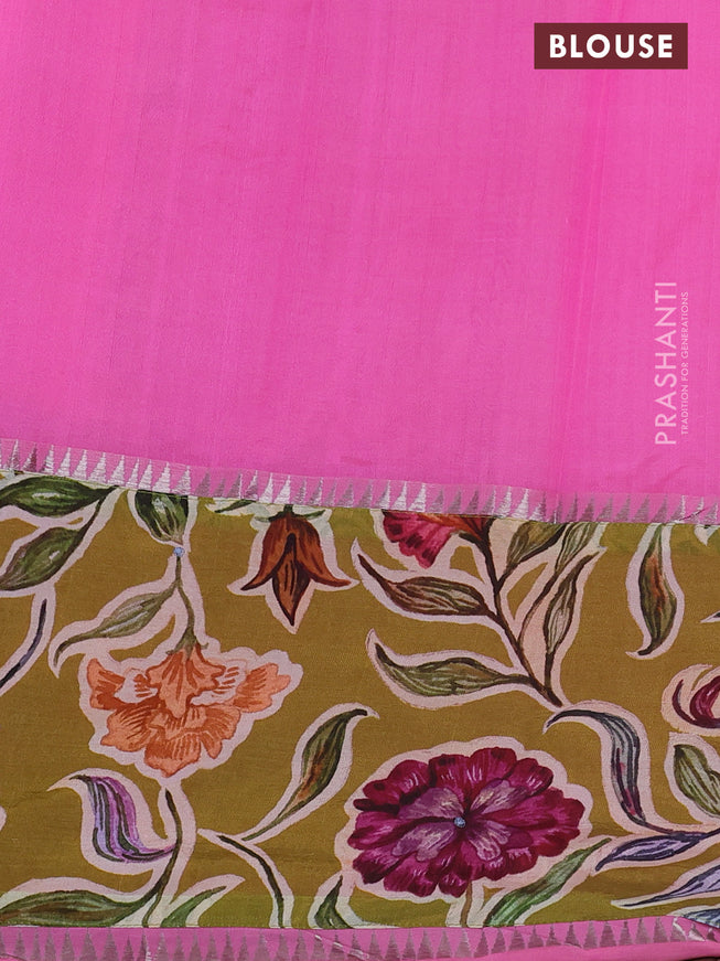 Mangalgiri silk cotton saree light pink and mehendi green with plain body and long kalamkari printed applique border