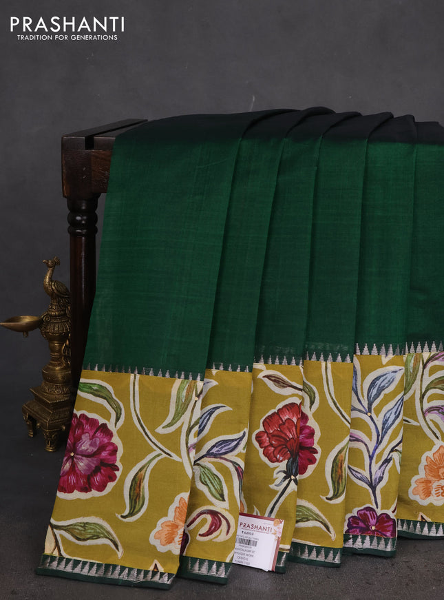 Mangalgiri silk cotton saree dark green and mehendi green with plain body and long kalamkari printed applique border