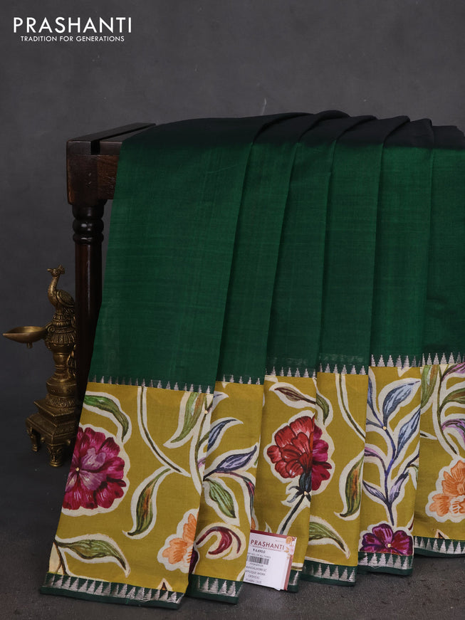 Mangalgiri silk cotton saree dark green and mehendi green with plain body and long kalamkari printed applique border
