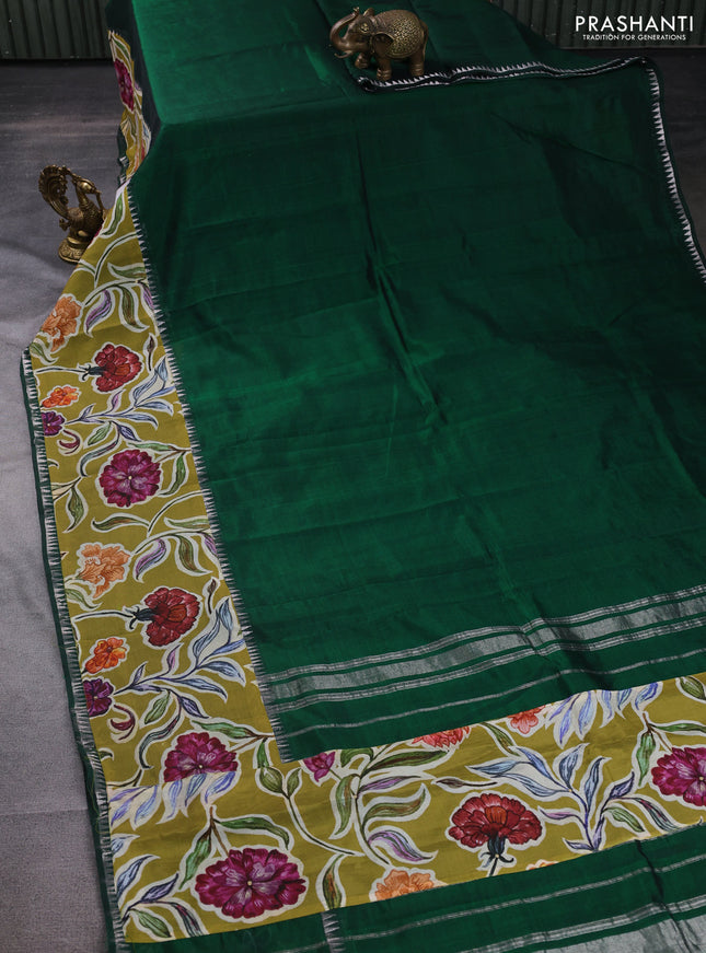 Mangalgiri silk cotton saree dark green and mehendi green with plain body and long kalamkari printed applique border