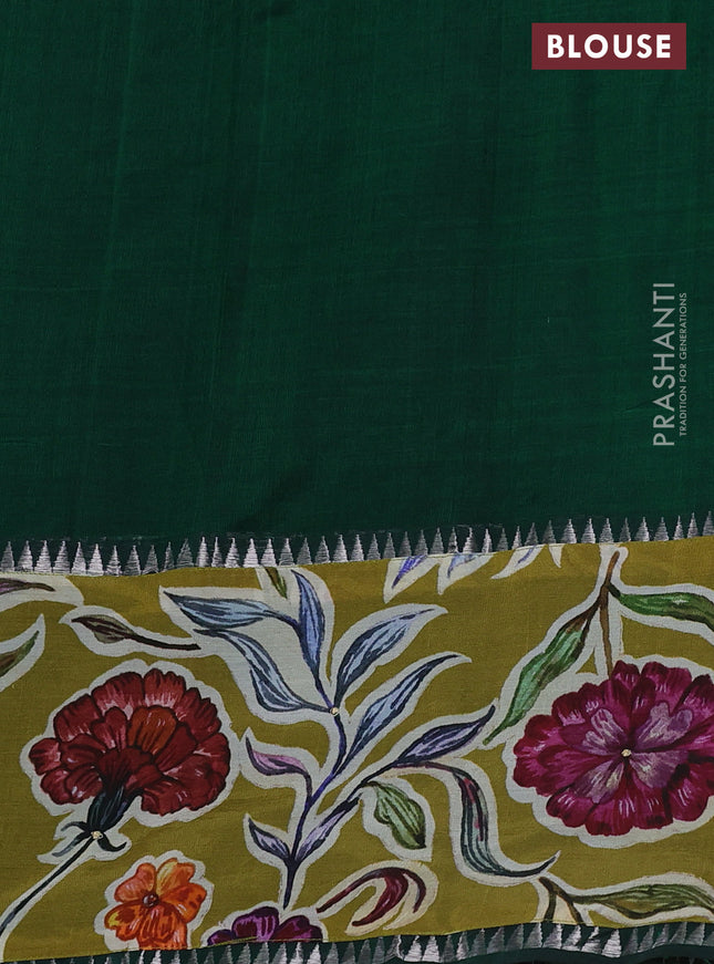 Mangalgiri silk cotton saree dark green and mehendi green with plain body and long kalamkari printed applique border