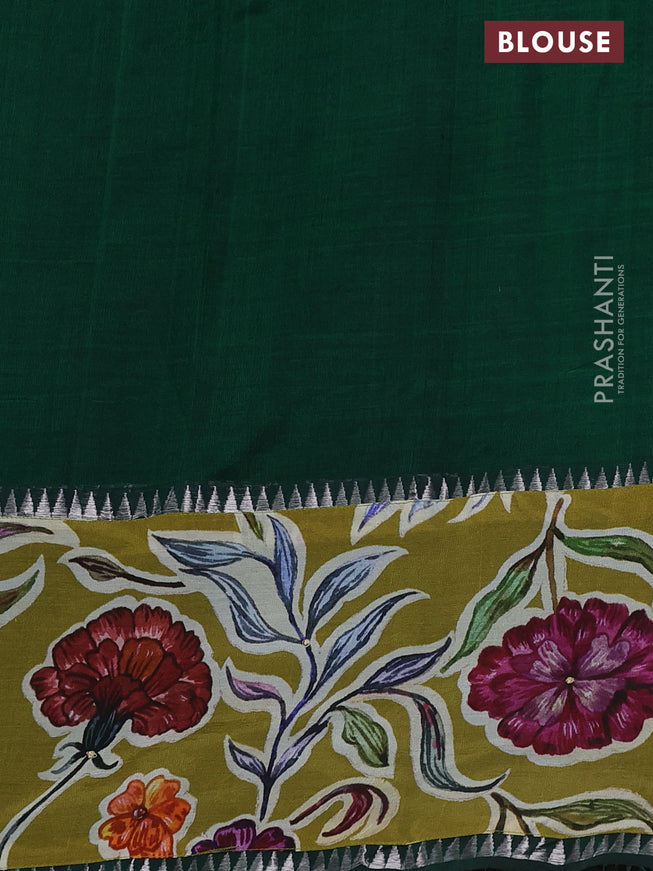 Mangalgiri silk cotton saree dark green and mehendi green with plain body and long kalamkari printed applique border