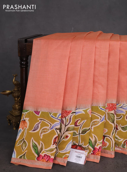 Mangalgiri silk cotton saree pastel peach and mehendi green with plain body and long kalamkari printed applique border