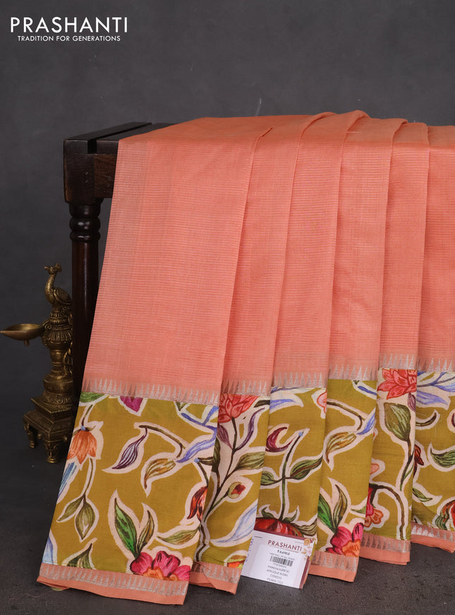 Mangalgiri silk cotton saree pastel peach and mehendi green with plain body and long kalamkari printed applique border