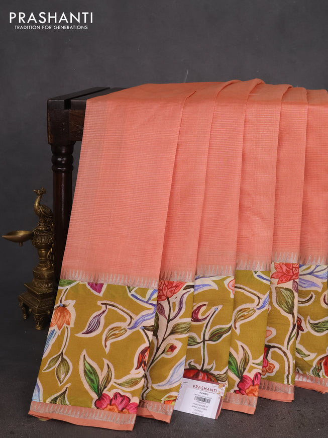 Mangalgiri silk cotton saree pastel peach and mehendi green with plain body and long kalamkari printed applique border