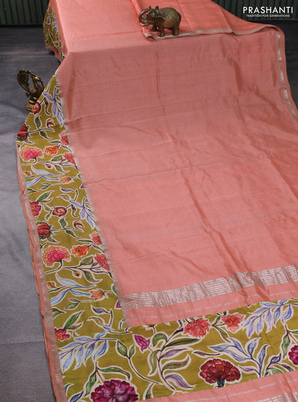 Mangalgiri silk cotton saree pastel peach and mehendi green with plain body and long kalamkari printed applique border