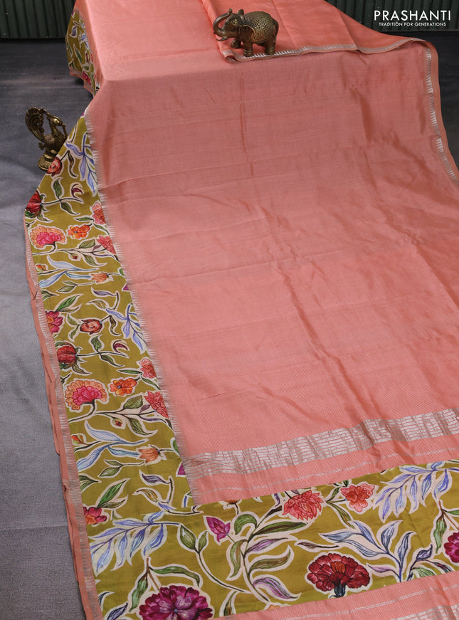 Mangalgiri silk cotton saree pastel peach and mehendi green with plain body and long kalamkari printed applique border
