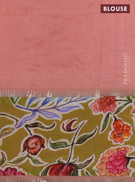 Mangalgiri silk cotton saree pastel peach and mehendi green with plain body and long kalamkari printed applique border