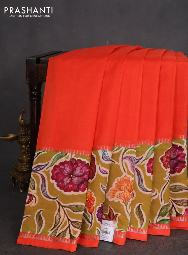 Mangalgiri silk cotton saree orange and mehendi green with plain body and long kalamkari printed applique border