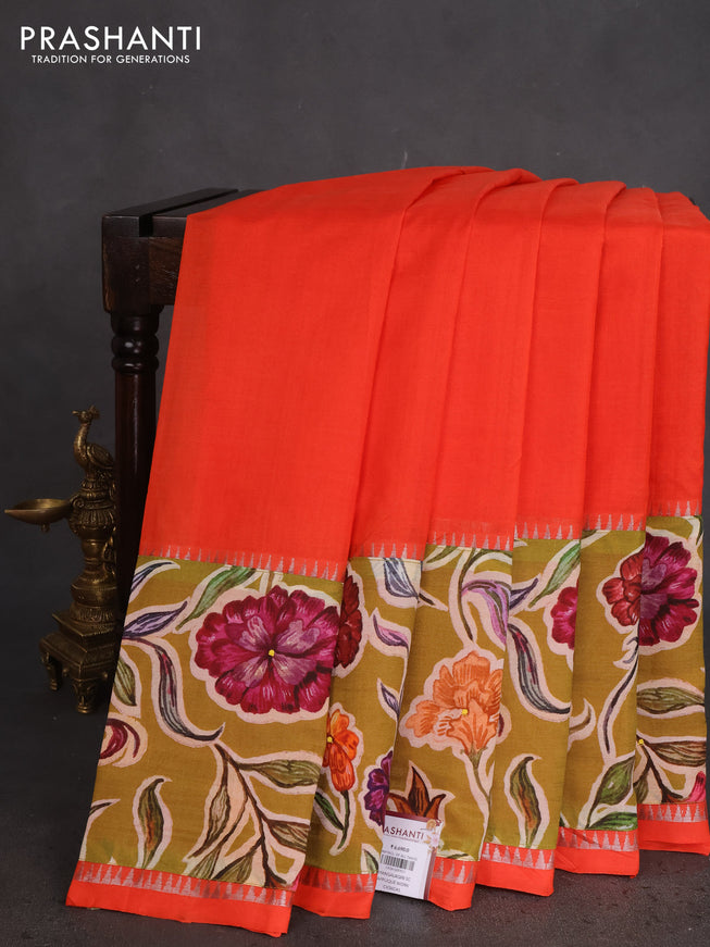 Mangalgiri silk cotton saree orange and mehendi green with plain body and long kalamkari printed applique border
