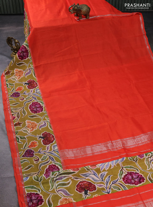 Mangalgiri silk cotton saree orange and mehendi green with plain body and long kalamkari printed applique border