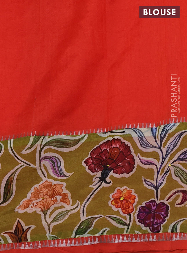 Mangalgiri silk cotton saree orange and mehendi green with plain body and long kalamkari printed applique border
