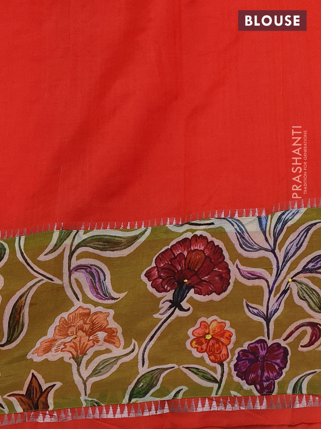 Mangalgiri silk cotton saree orange and mehendi green with plain body and long kalamkari printed applique border
