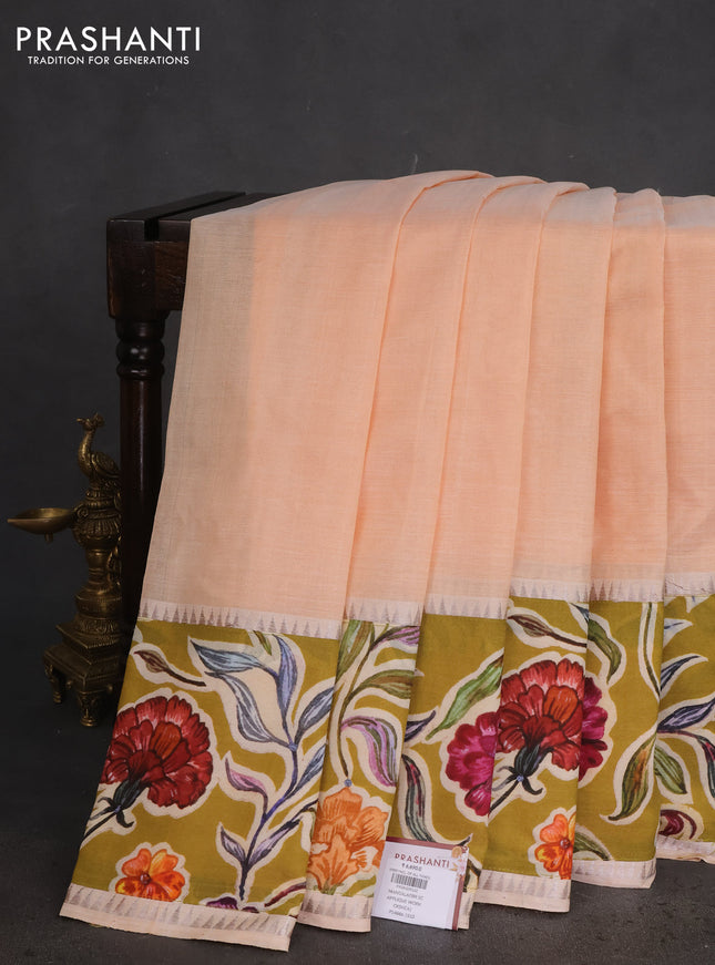 Mangalgiri silk cotton saree pale orange and mehendi green with plain body and long kalamkari printed applique border