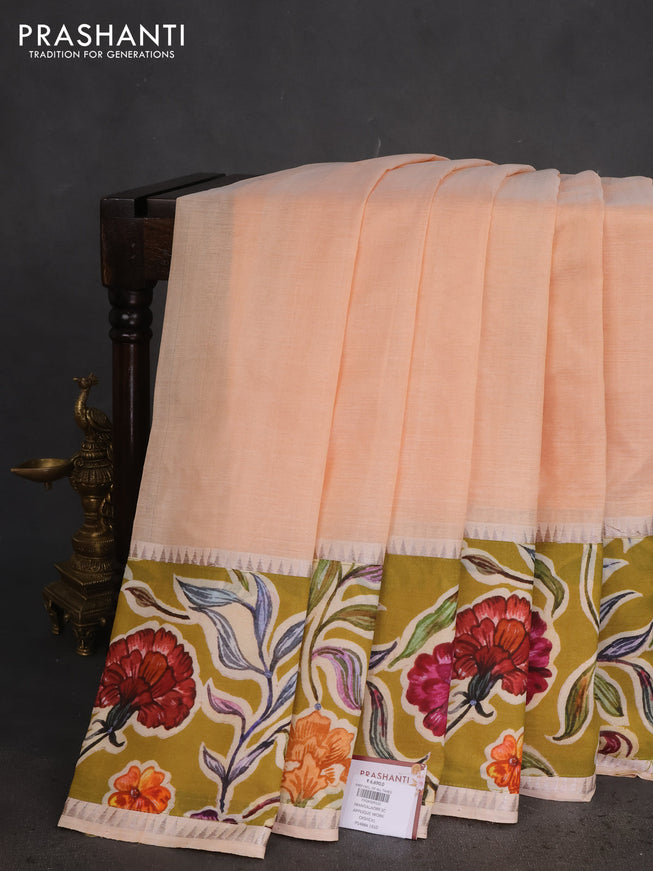 Mangalgiri silk cotton saree pale orange and mehendi green with plain body and long kalamkari printed applique border