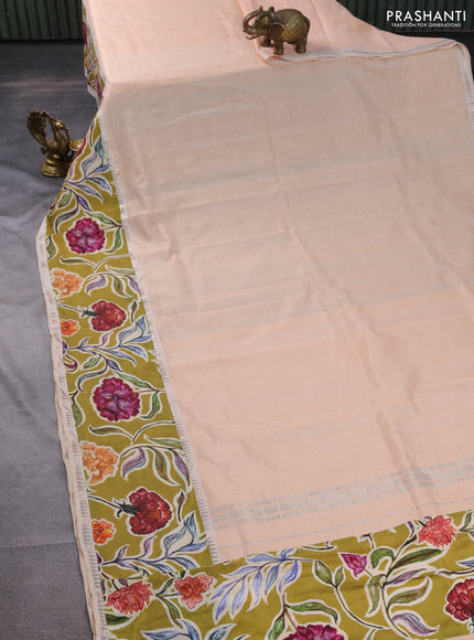 Mangalgiri silk cotton saree pale orange and mehendi green with plain body and long kalamkari printed applique border