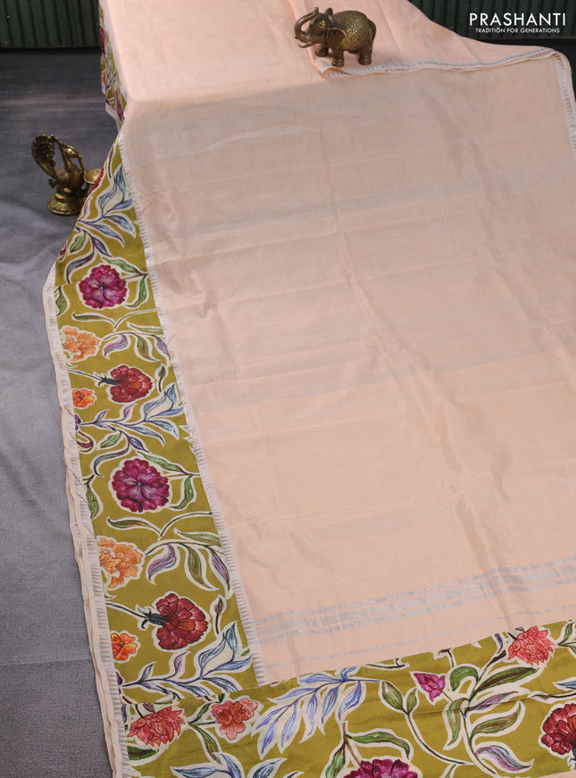 Mangalgiri silk cotton saree pale orange and mehendi green with plain body and long kalamkari printed applique border
