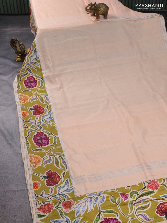 Mangalgiri silk cotton saree pale orange and mehendi green with plain body and long kalamkari printed applique border