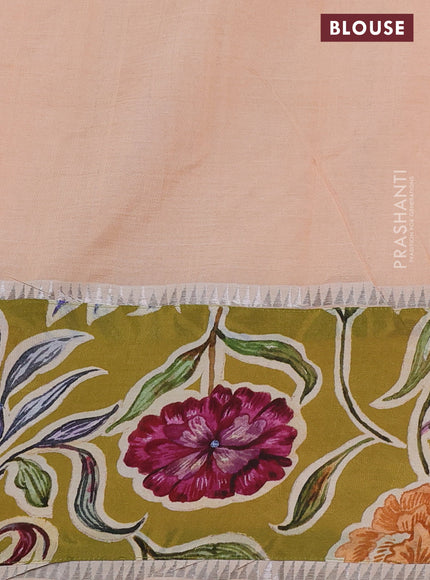 Mangalgiri silk cotton saree pale orange and mehendi green with plain body and long kalamkari printed applique border