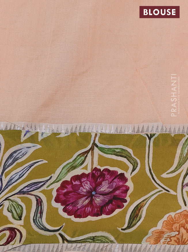 Mangalgiri silk cotton saree pale orange and mehendi green with plain body and long kalamkari printed applique border