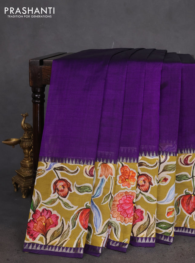 Mangalgiri silk cotton saree violet and mehendi green with plain body and long kalamkari printed applique border