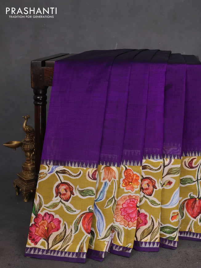 Mangalgiri silk cotton saree violet and mehendi green with plain body and long kalamkari printed applique border