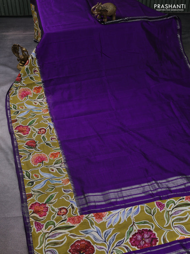 Mangalgiri silk cotton saree violet and mehendi green with plain body and long kalamkari printed applique border