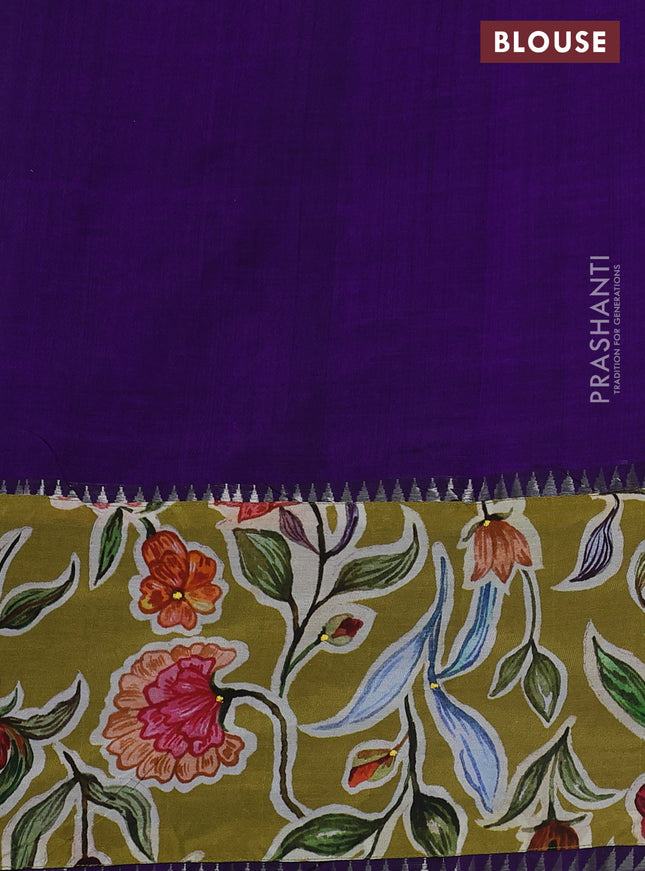 Mangalgiri silk cotton saree violet and mehendi green with plain body and long kalamkari printed applique border