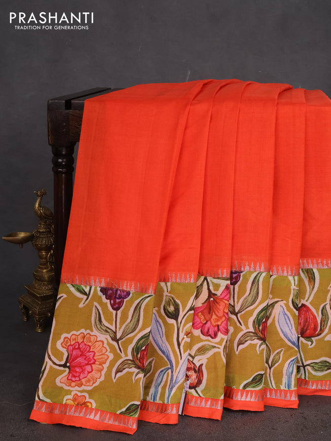 Mangalgiri silk cotton saree orange and mehendi green with plain body and long kalamkari printed applique border