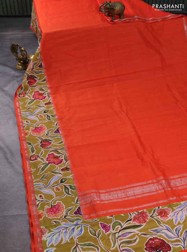 Mangalgiri silk cotton saree orange and mehendi green with plain body and long kalamkari printed applique border