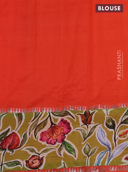 Mangalgiri silk cotton saree orange and mehendi green with plain body and long kalamkari printed applique border