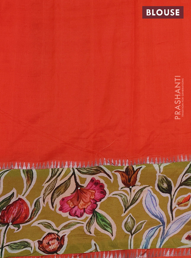 Mangalgiri silk cotton saree orange and mehendi green with plain body and long kalamkari printed applique border