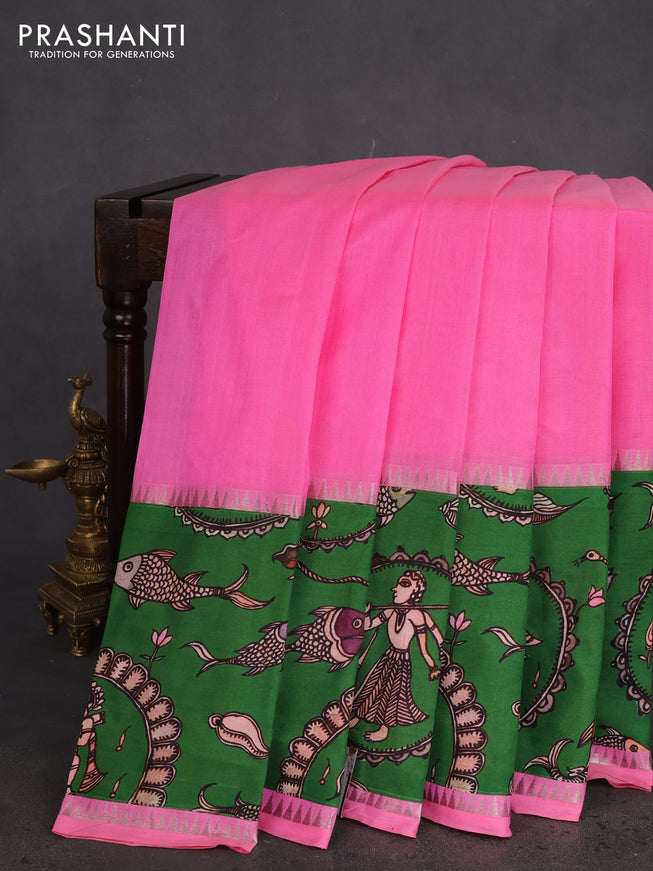 Mangalgiri silk cotton saree light pink and green with plain body and long kalamkari printed applique border