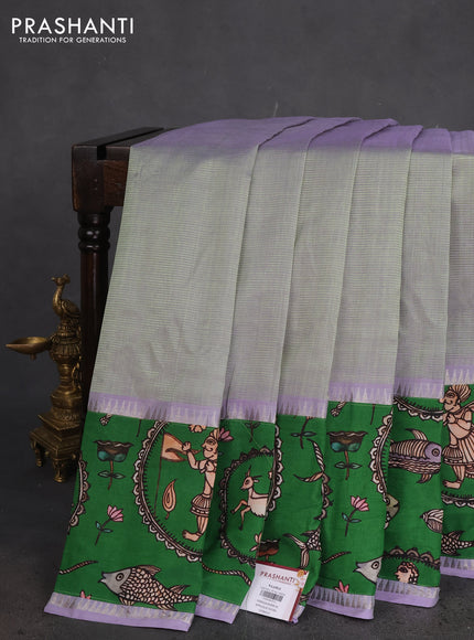 Mangalgiri silk cotton saree dual shade of pastel green and green with plain body and long kalamkari printed applique border