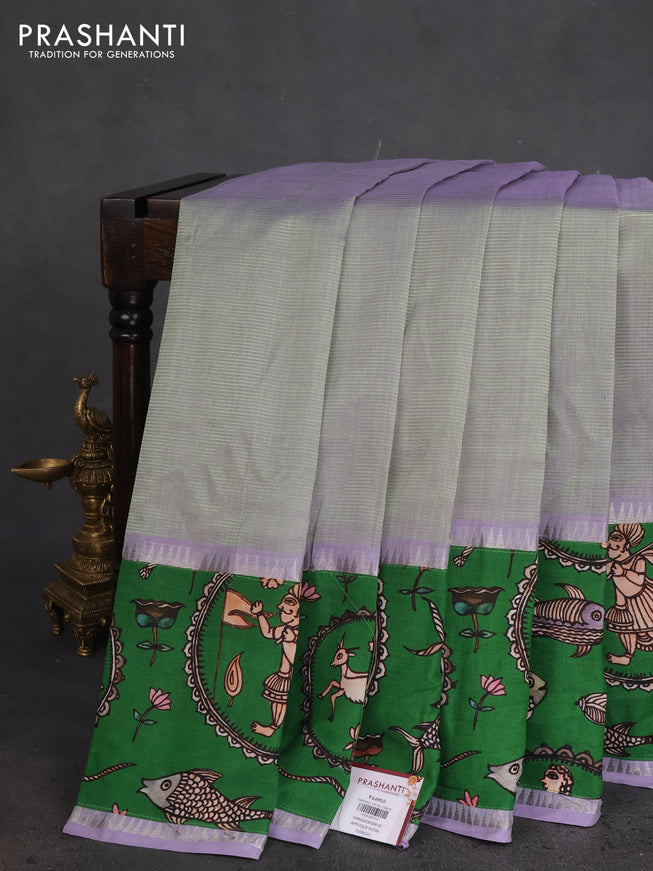 Mangalgiri silk cotton saree dual shade of pastel green and green with plain body and long kalamkari printed applique border