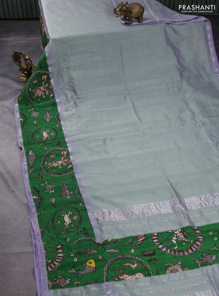 Mangalgiri silk cotton saree dual shade of pastel green and green with plain body and long kalamkari printed applique border
