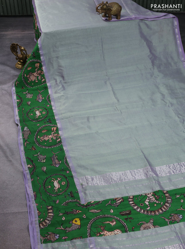 Mangalgiri silk cotton saree dual shade of pastel green and green with plain body and long kalamkari printed applique border