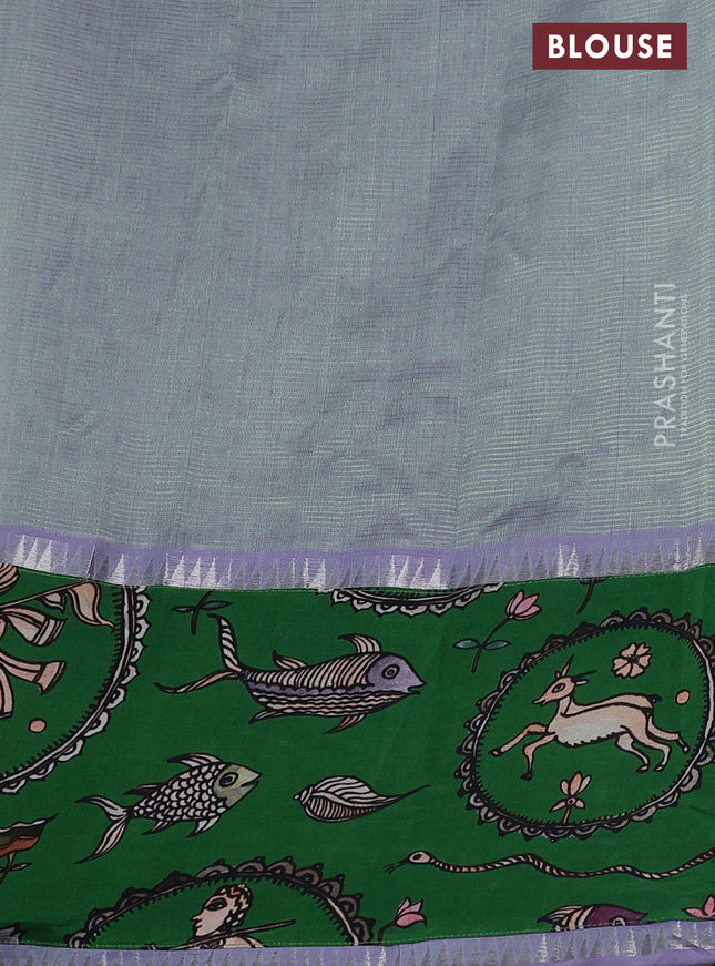 Mangalgiri silk cotton saree dual shade of pastel green and green with plain body and long kalamkari printed applique border