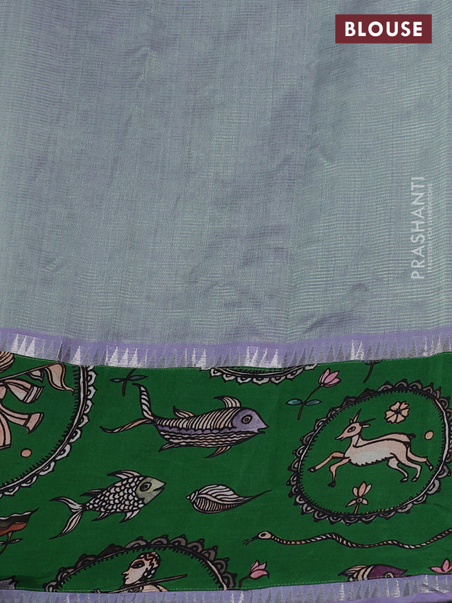 Mangalgiri silk cotton saree dual shade of pastel green and green with plain body and long kalamkari printed applique border