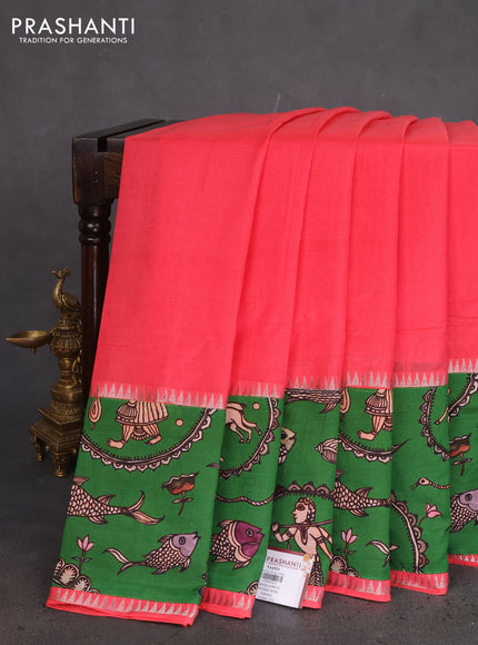 Mangalgiri silk cotton saree peach pink and green with plain body and long kalamkari printed applique border