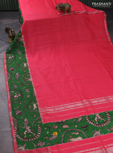 Mangalgiri silk cotton saree peach pink and green with plain body and long kalamkari printed applique border