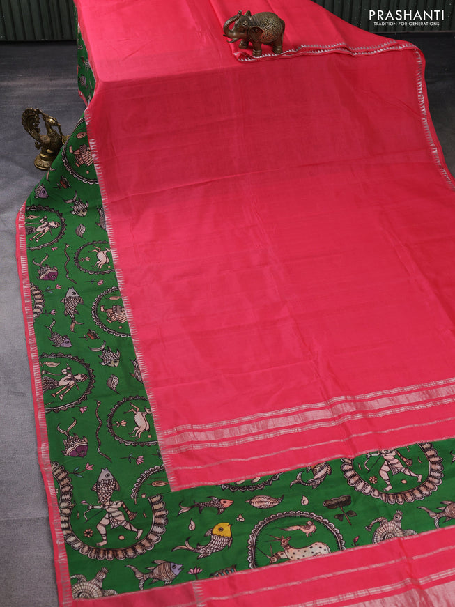 Mangalgiri silk cotton saree peach pink and green with plain body and long kalamkari printed applique border