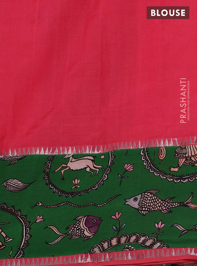 Mangalgiri silk cotton saree peach pink and green with plain body and long kalamkari printed applique border