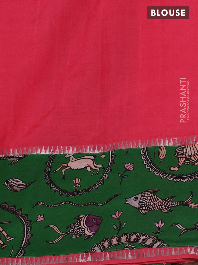 Mangalgiri silk cotton saree peach pink and green with plain body and long kalamkari printed applique border