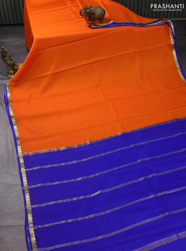Pure mysore silk saree orange and blue with plain body and small zari woven border